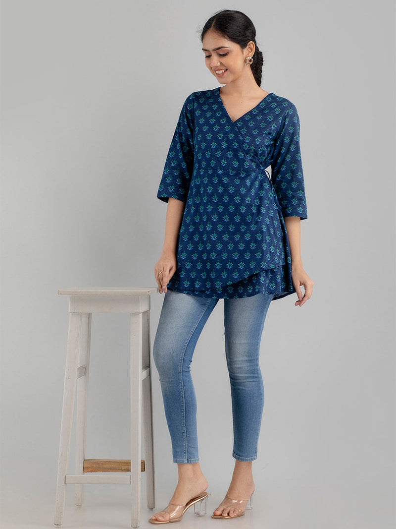 Floral Printed V-Neck Pure Cotton Angrakha A-Line Kurti