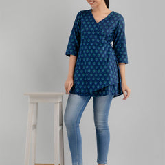 Floral Printed V-Neck Pure Cotton Angrakha A-Line Kurti