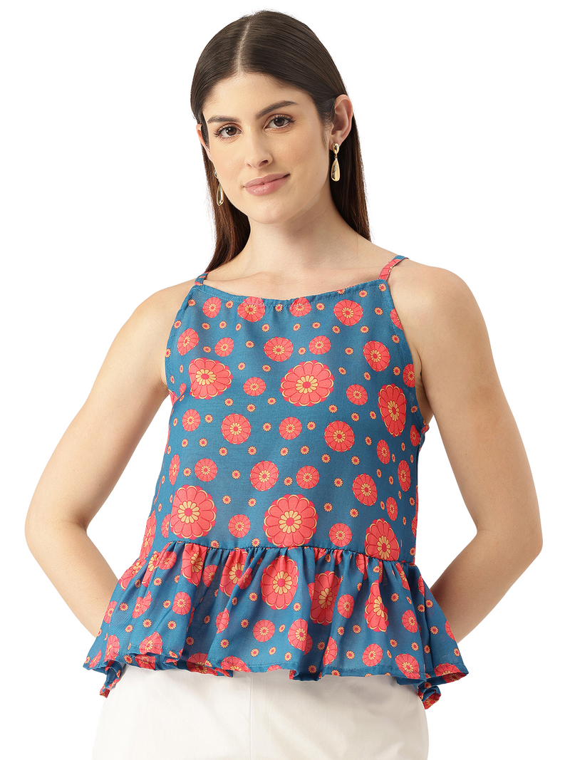 Cropped Sleeveless strap Peplum top with digital print on linen fabric. | Size- Small | Colour - Royal Blue, Red