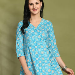 Floral Print Angrakha 3\4 Sleeves Flared Kurti