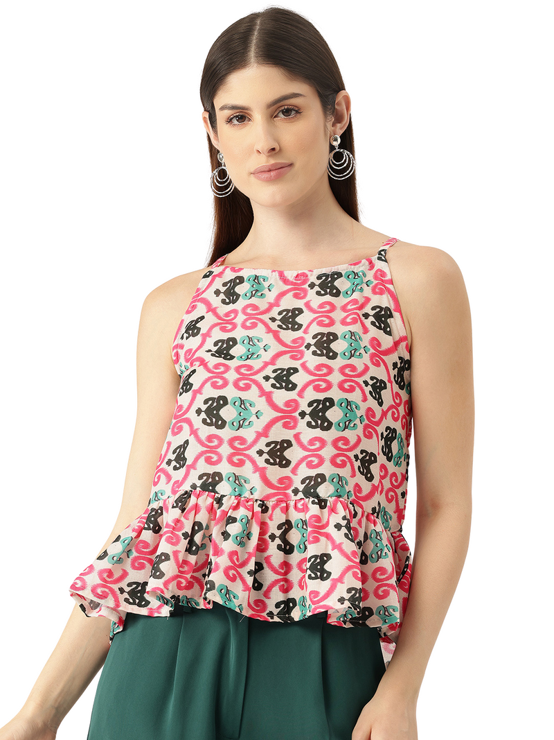 Cropped Sleeveless strap Peplum top with digital print on linen fabric.| Size- Small| Colour - White, Pink, Green