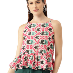 Cropped Sleeveless strap Peplum top with digital print on linen fabric.| Size- Small| Colour - White, Pink, Green