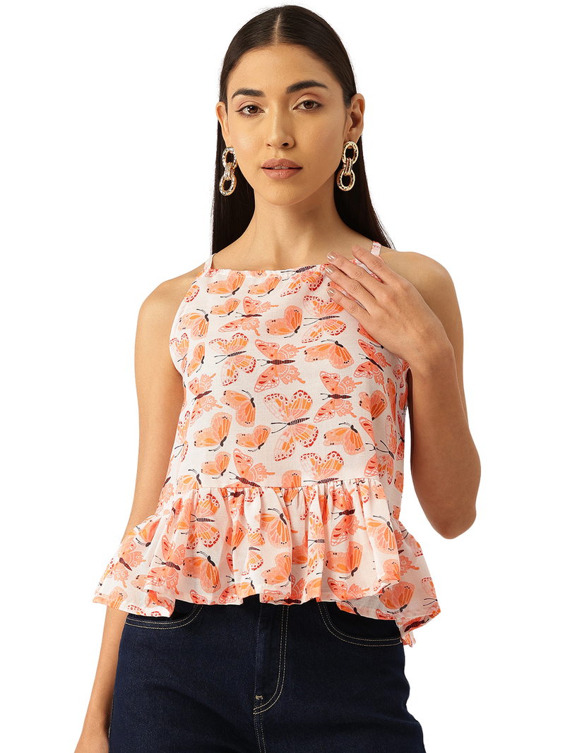 Cropped Sleeveless strap Peplum top with digital print on linen fabric.| Size- Small| Colour - White, Peach