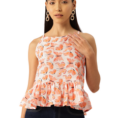 Cropped Sleeveless strap Peplum top with digital print on linen fabric.| Size- Small| Colour - White, Peach