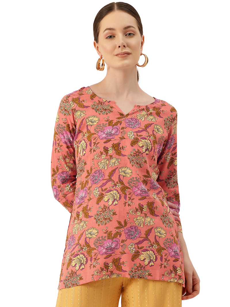 3/4 Sleeve Round Neck Vcut top Pink Colour