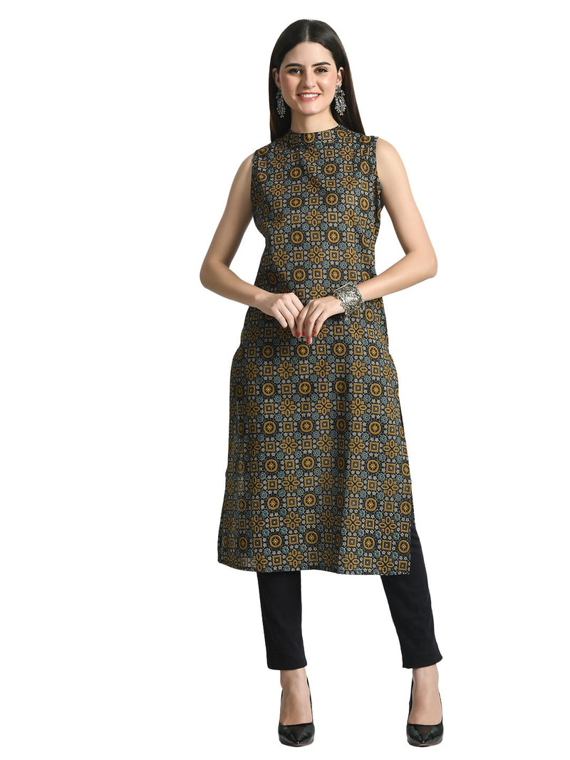 Women’s Pure Cotton Angrakha Kurti with Floral Print | 3/4 Sleeves | Adjustable Side Tie | Sizes S–XXL