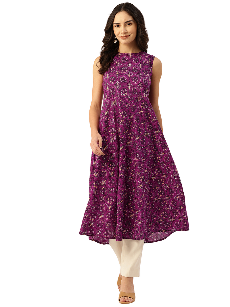 Elegant Floral Sleeveless A-Line Kurti with Back Zip Closure