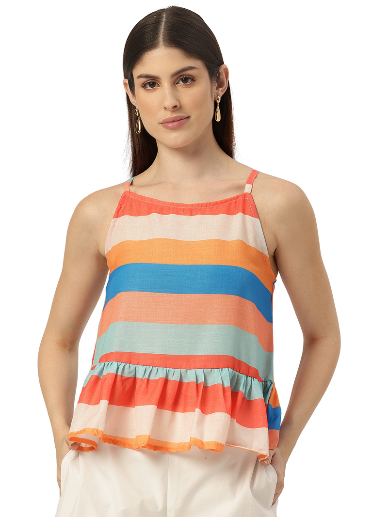 Cropped Sleeveless strap Peplum top with digital print on linen fabric.| Size- Small| Colour - Mustard, Royal, Peach, Aqua