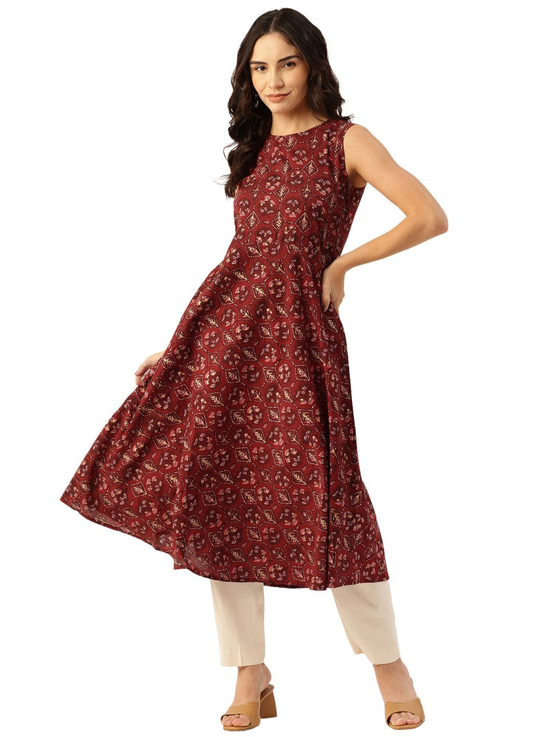Elegant Floral Sleeveless A-Line Kurti with Back Zip Closure