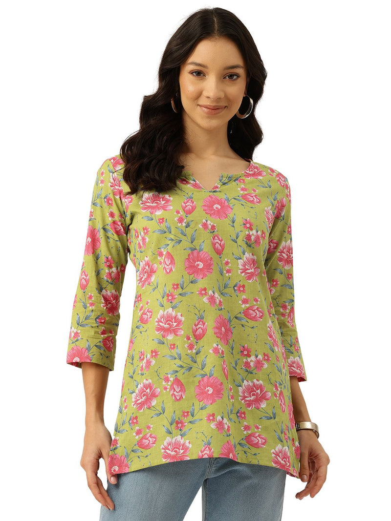 3/4 Sleeve Round Neck Vcut top Green Colour