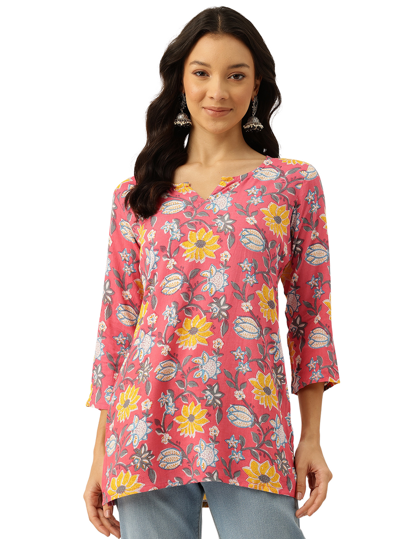 3/4 Sleeve Round Neck Vcut top Pink1 Colour
