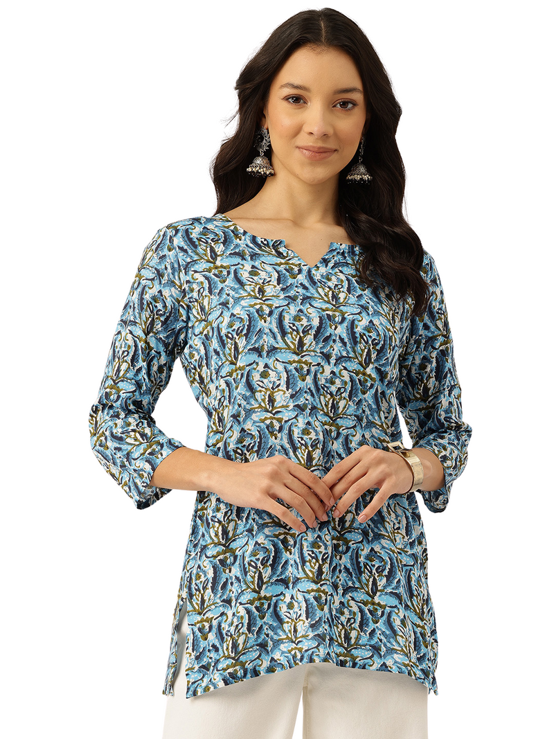 3/4 Sleeve Round Neck Vcut top Blue3 Colour