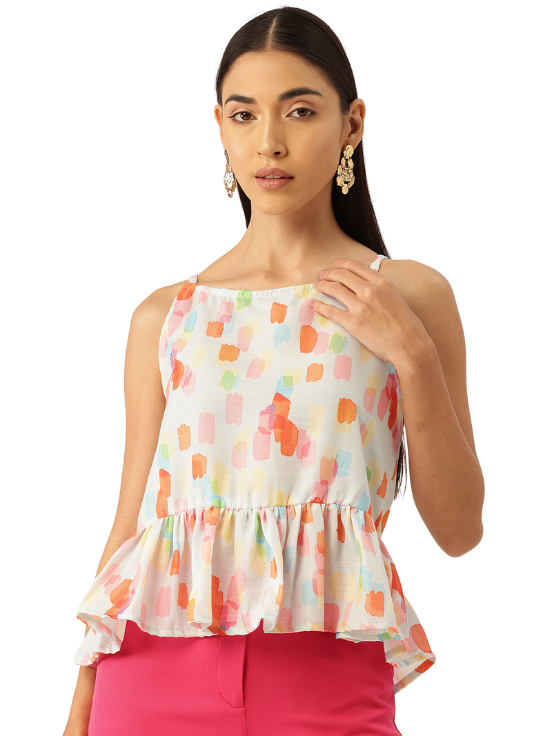 Cropped Sleeveless strap Peplum top with digital print on linen fabric.| Size- Small| Colour - Pink, Red, Aqua