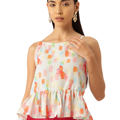 Cropped Sleeveless strap Peplum top with digital print on linen fabric.| Size- Small| Colour - Pink, Red, Aqua