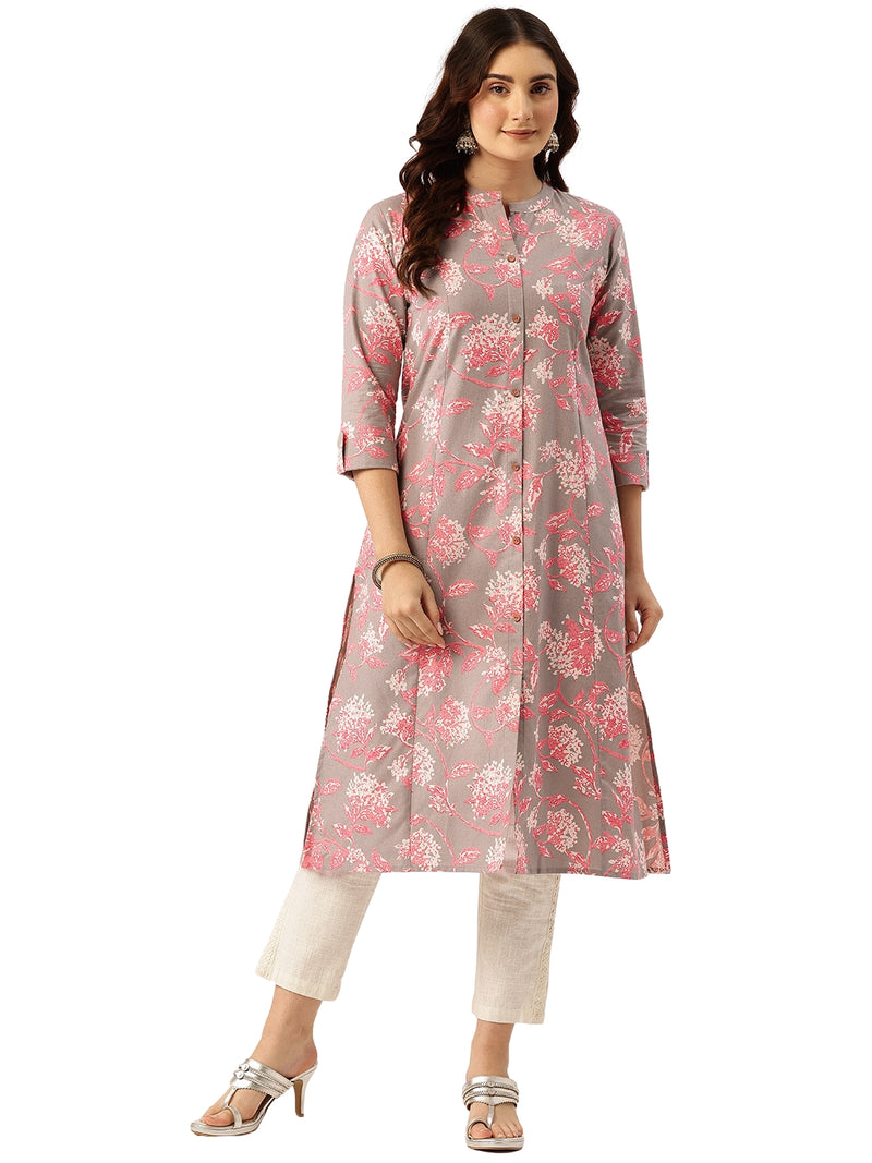 Elegant A-Line Long Kurta for Women - Mandarin Collar with Button Detailing