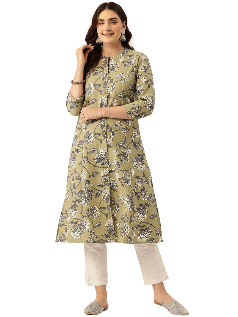 Elegant A-Line Long Kurta for Women - Mandarin Collar with Button Detailing