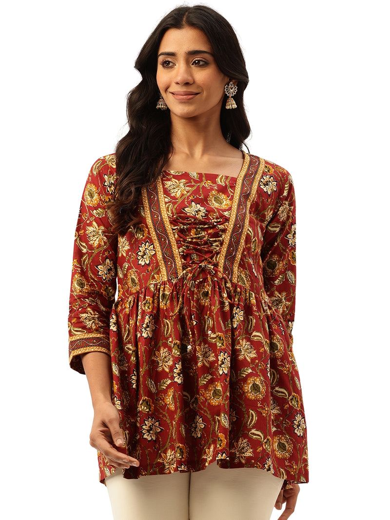 Princess Cut Top for Women - 3/4 Sleeves with Front Drawstrings