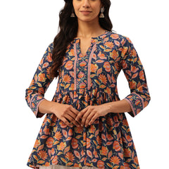 Peplum Hem TOP for Women - Mandarin Collar with V-Cut & 3/4 Sleeves