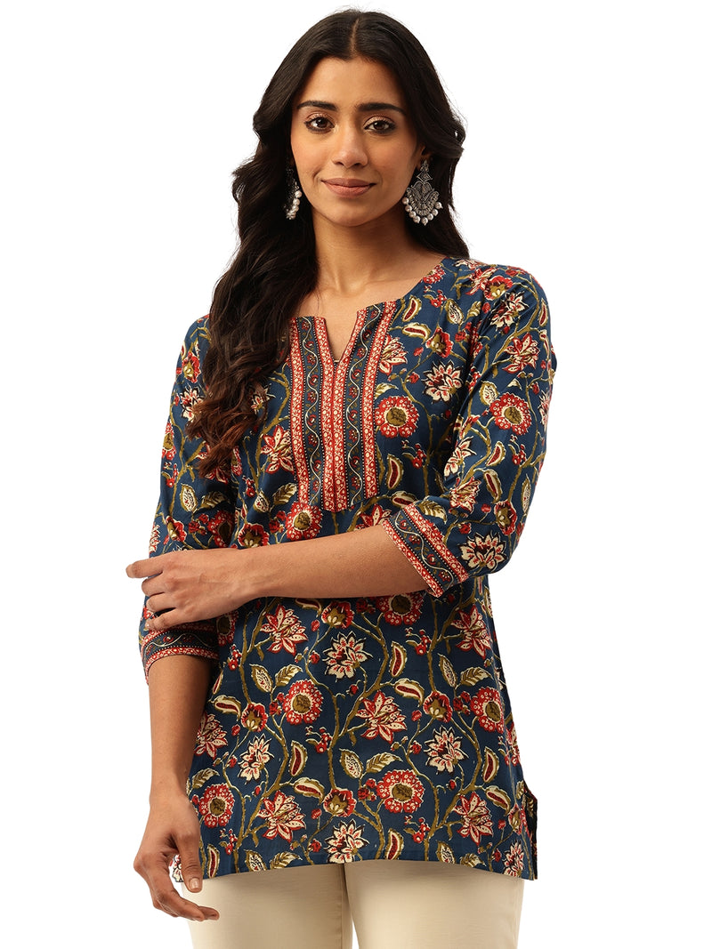 Empress Short Kurti for Women - V-Cut Neckline with Border Detail & 3/4 Sleeves