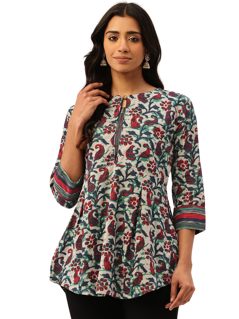 Inner Yoke Short Kurti for Women - Button Detail & 3/4 Sleeves