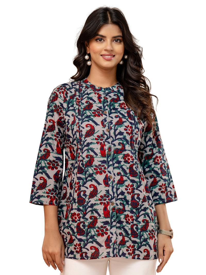 Elegant Mandarin Collar Printed Tunic – Stylish & Comfortable, Sizes