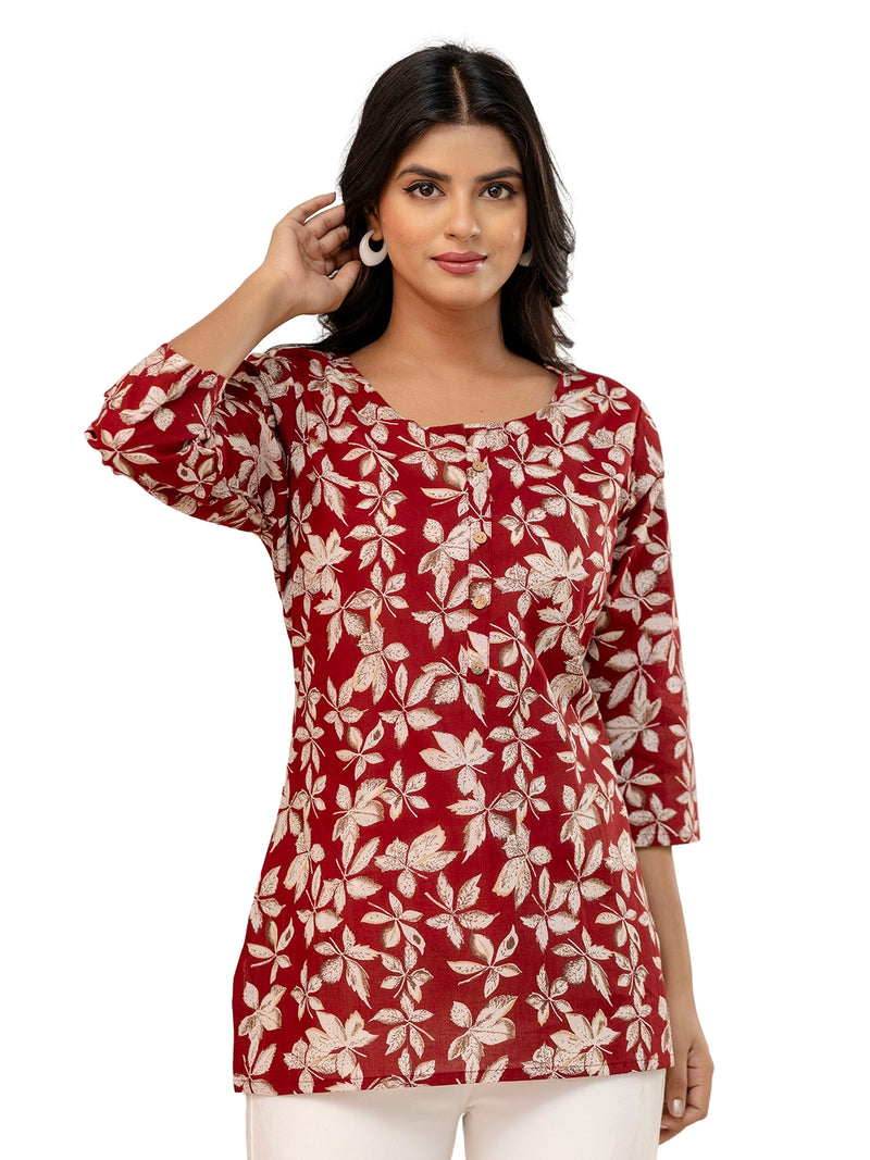 Chic Printed Short Kurti with Round Neck & 3/4 Sleeves