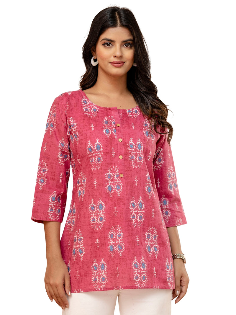 Chic Printed Short Kurti with Round Neck & 3/4 Sleeves