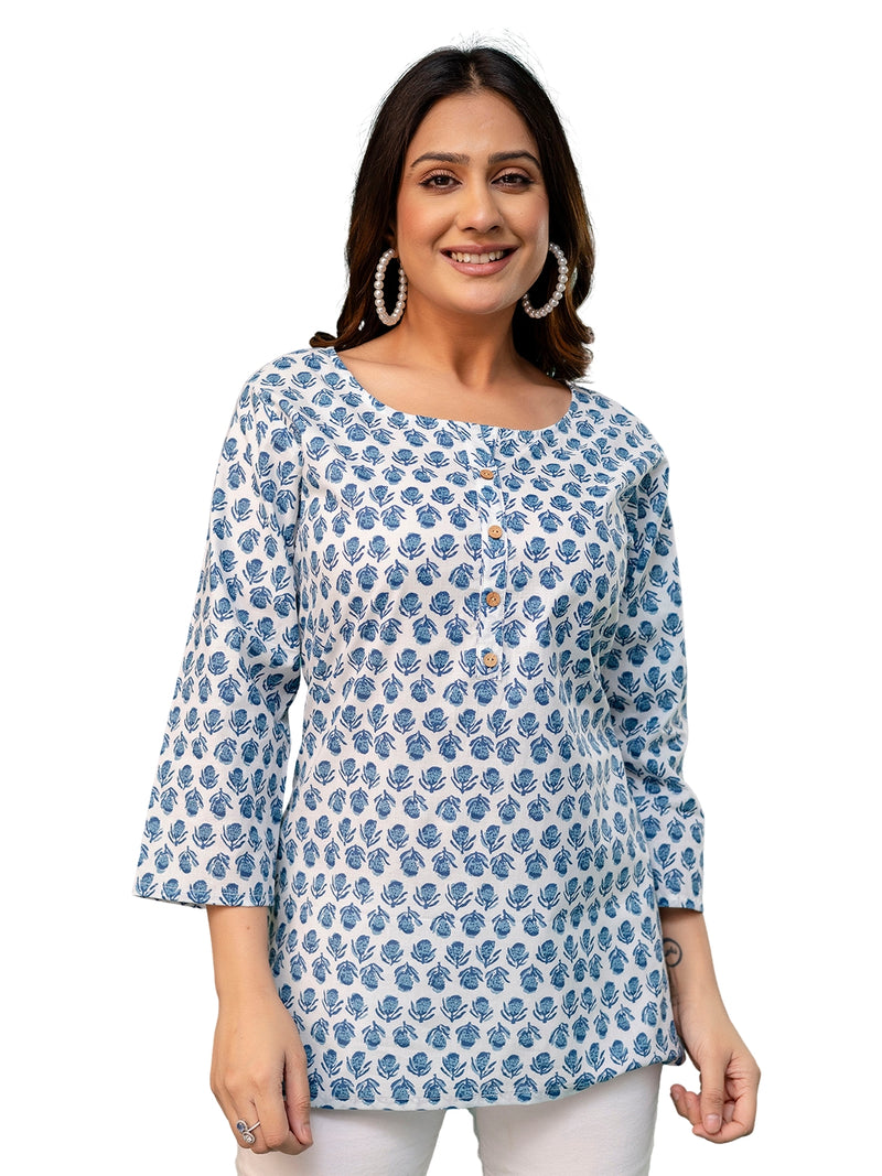 Chic Printed Short Kurti with Round Neck & 3/4 Sleeves