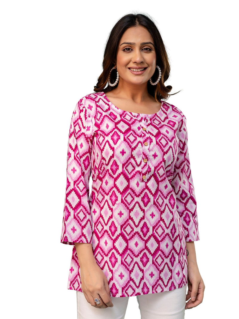 Chic Printed Short Kurti with Round Neck & 3/4 Sleeves