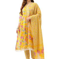 A-line Dupatta Sets - V-Neck, 3/4 Sleeves, Lace Work, Elastic Waistband Pants with Pockets & Full-Length Dupatta (M-XXL)