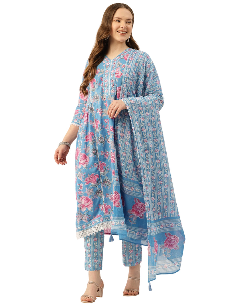 A-line Dupatta Sets - V-Neck, 3/4 Sleeves, Lace Work, Elastic Waistband Pants with Pockets & Full-Length Dupatta (M-XXL)