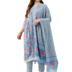 A-line Dupatta Sets - V-Neck, 3/4 Sleeves, Lace Work, Elastic Waistband Pants with Pockets & Full-Length Dupatta (M-XXL)