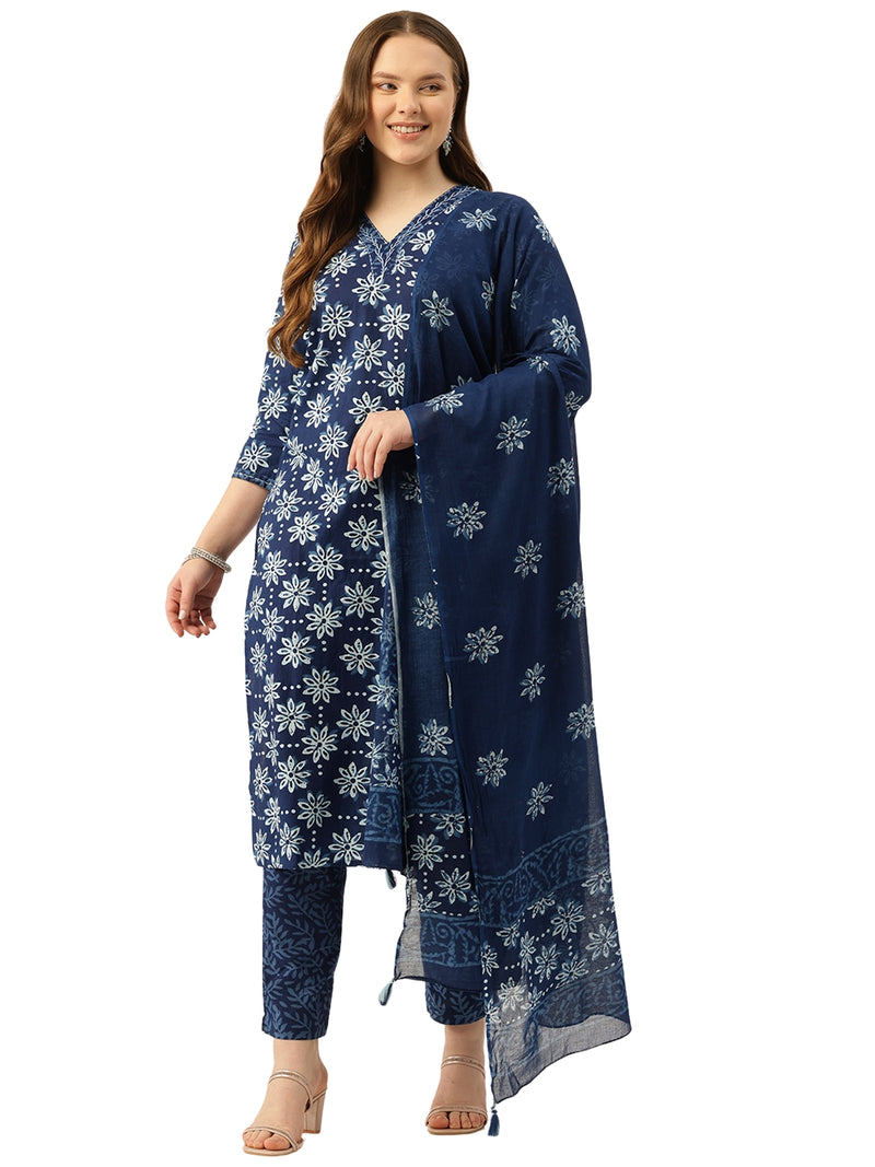 Straight Dupatta Sets - V-Neck, 3/4 Sleeves with Border Detailing, Elastic Waistband Pants with Pockets & Full-Length Dupatta (M-XXL)