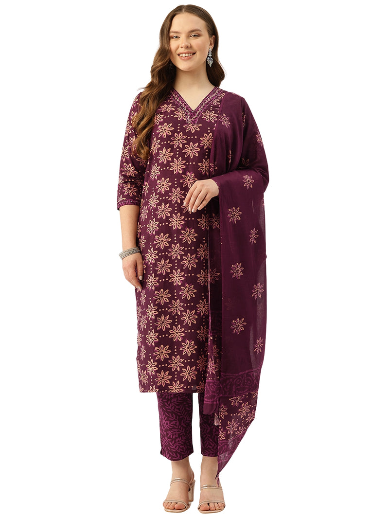Straight Dupatta Sets - V-Neck, 3/4 Sleeves with Border Detailing, Elastic Waistband Pants with Pockets & Full-Length Dupatta (M-XXL)