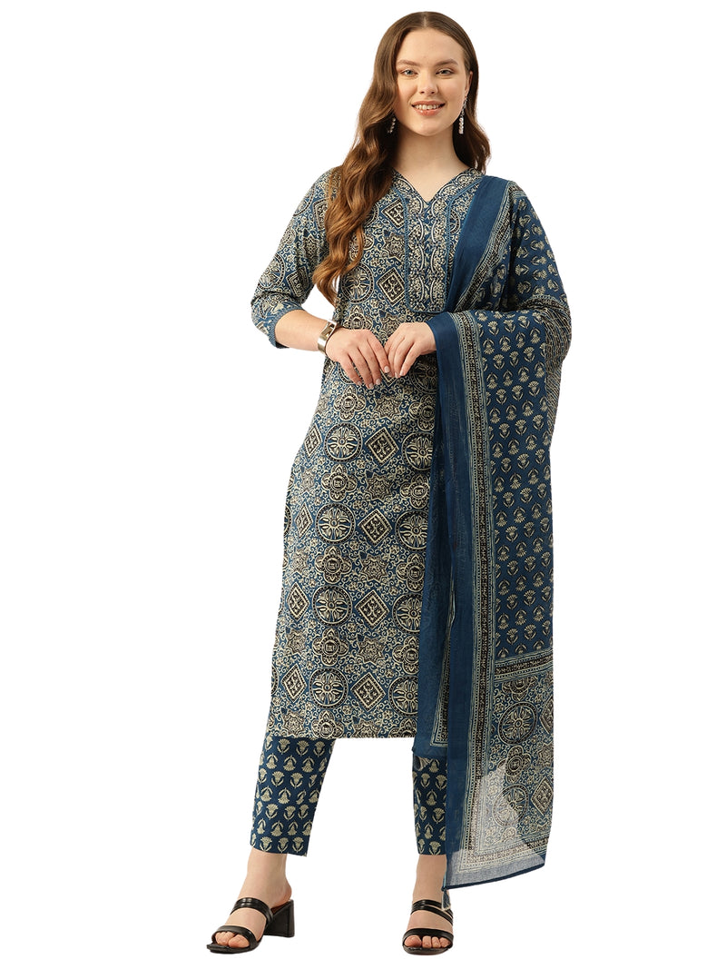 Straight Dupatta Sets - V-Neck, 3/4 Sleeves with Border Detailing, Elastic Waistband Pants with Pockets & Full-Length Dupatta (M-XXL)