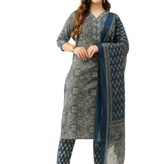 Straight Dupatta Sets - V-Neck, 3/4 Sleeves with Border Detailing, Elastic Waistband Pants with Pockets & Full-Length Dupatta (M-XXL)