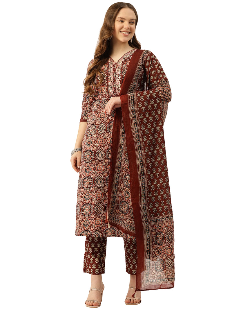 Straight Dupatta Sets - V-Neck, 3/4 Sleeves with Border Detailing, Elastic Waistband Pants with Pockets & Full-Length Dupatta (M-XXL)