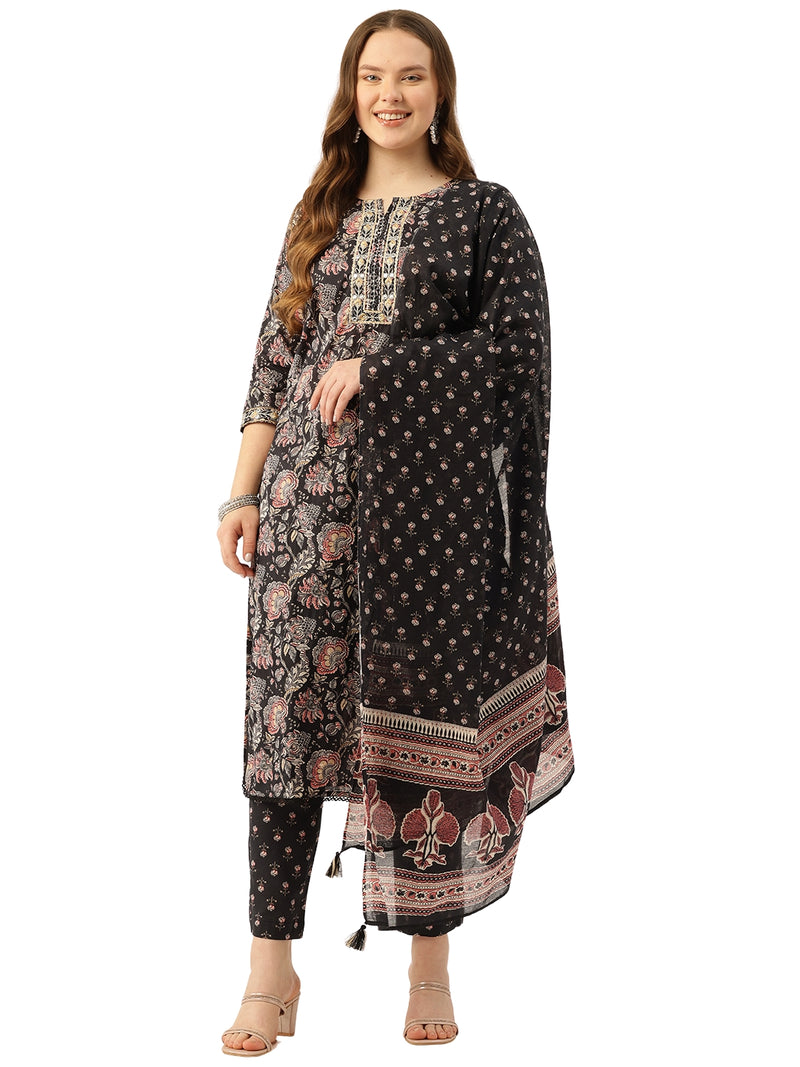 Straight Dupatta Sets - V-Neck, 3/4 Sleeves with Border Detailing, Elastic Waistband Pants with Pockets & Full-Length Dupatta (M-XXL)