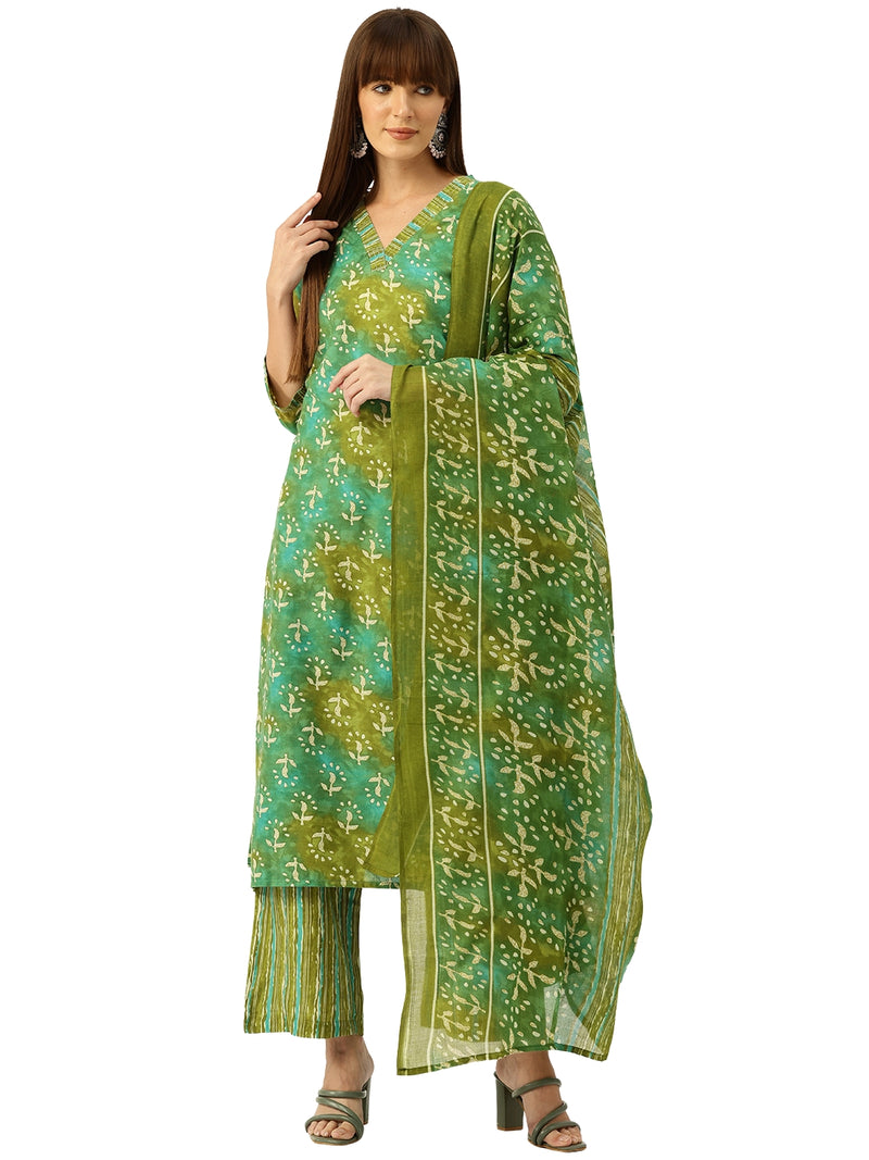 Bordered V-Neck 3-Piece Kurta Set with Ankle-Length Pants & Full-Length Dupatta (Size S-XXL).