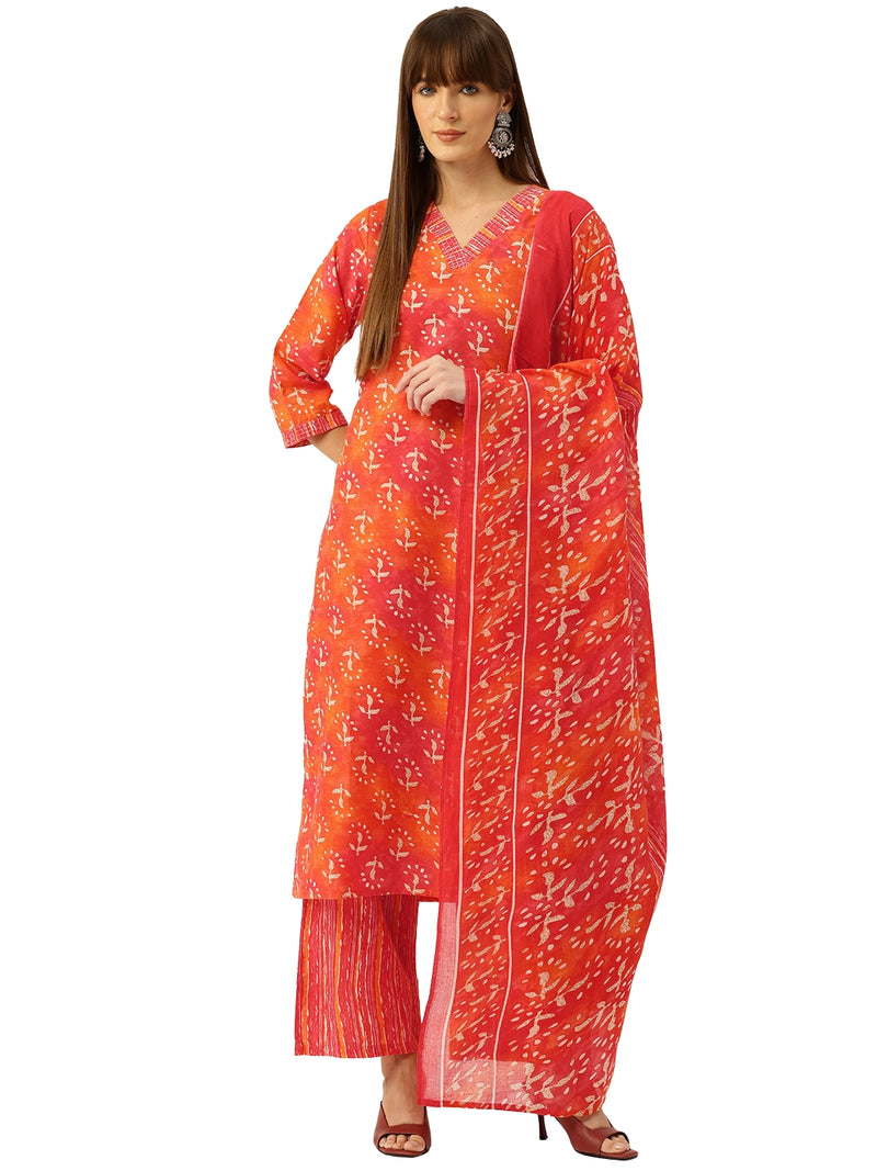 Bordered V-Neck 3-Piece Kurta Set with Ankle-Length Pants & Full-Length Dupatta (Size S-XXL).