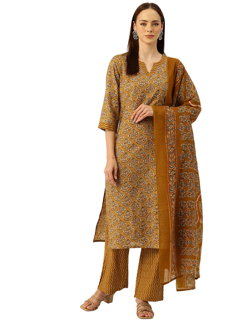 Round V-Cut Neck 3-Piece Kurta Set with Ankle-Length Pants & Full-Length Dupatta (Size S-XXL).
