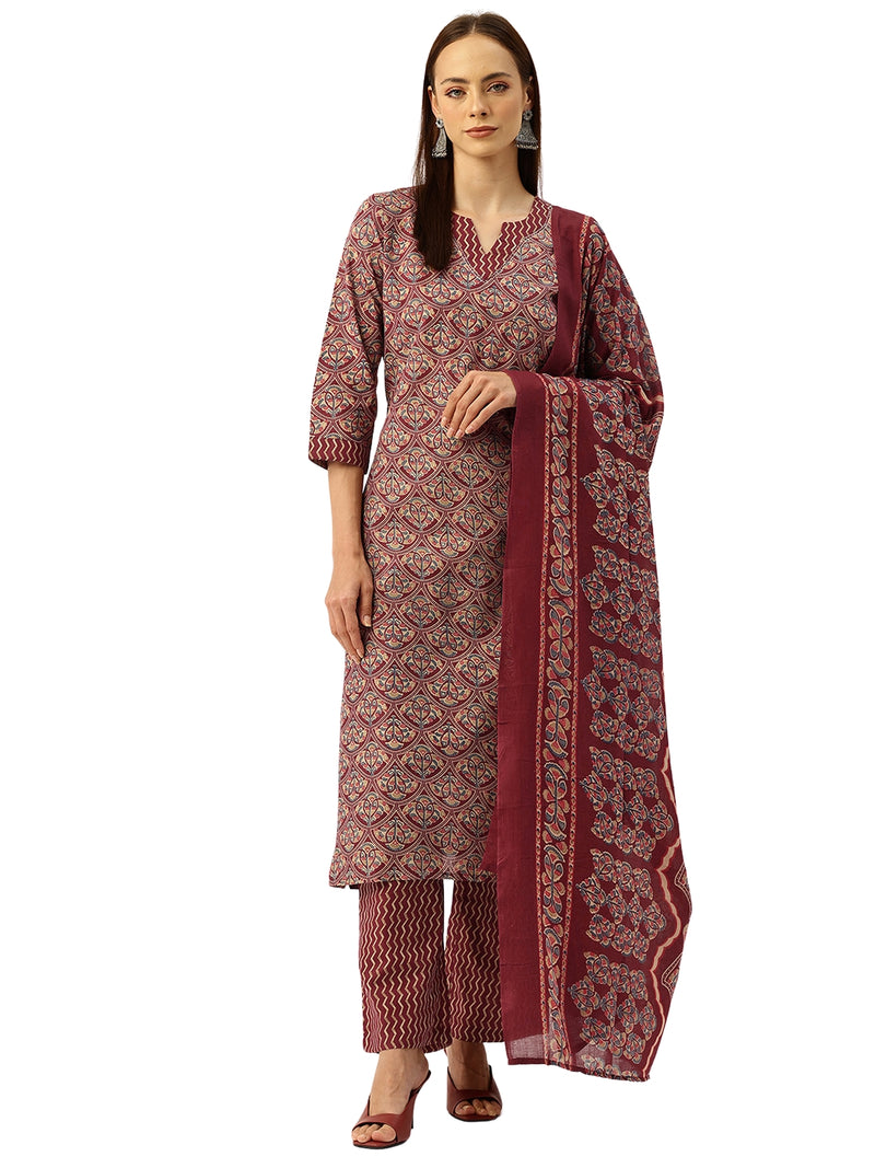 Round V-Cut Neck 3-Piece Kurta Set with Ankle-Length Pants & Full-Length Dupatta (Size S-XXL).