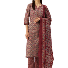 Round V-Cut Neck 3-Piece Kurta Set with Ankle-Length Pants & Full-Length Dupatta (Size S-XXL).