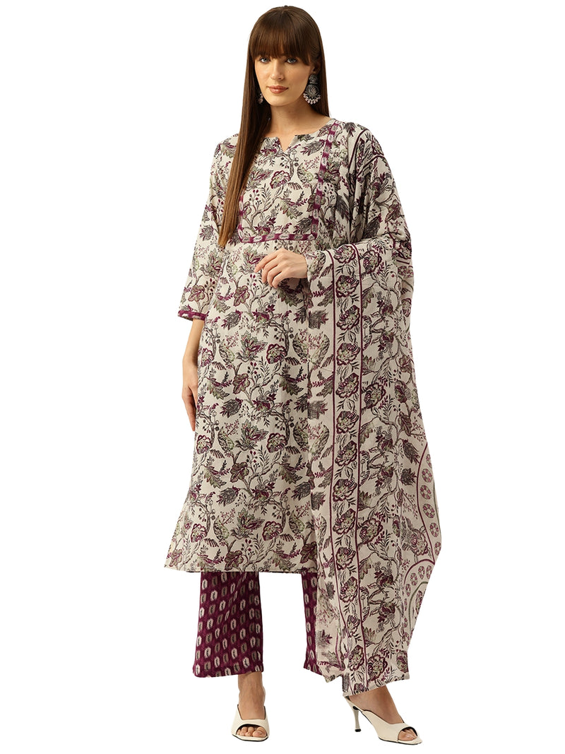 Round V-Cut Neck 3-Piece Kurta Set with Ankle-Length Pants & Full-Length Dupatta (Size S-XXL).