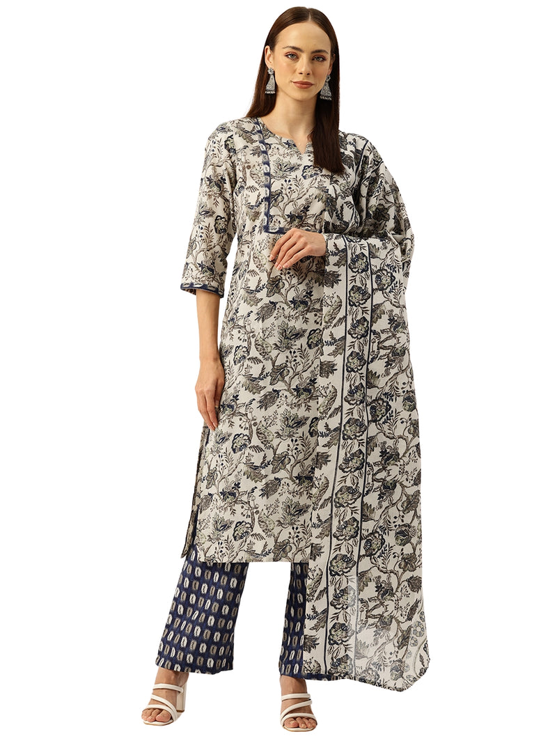 Round V-Cut Neck 3-Piece Kurta Set with Ankle-Length Pants & Full-Length Dupatta (Size S-XXL).