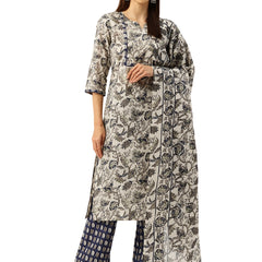 Round V-Cut Neck 3-Piece Kurta Set with Ankle-Length Pants & Full-Length Dupatta (Size S-XXL).