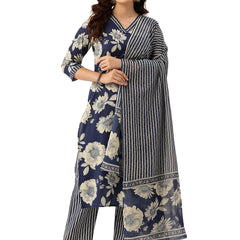 Bodered V-Neck 3-Piece Kurta Set with Ankle-Length Pants & Full-Length Dupatta (Size S-XXL).