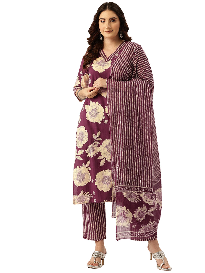 Bodered V-Neck 3-Piece Kurta Set with Ankle-Length Pants & Full-Length Dupatta (Size S-XXL).