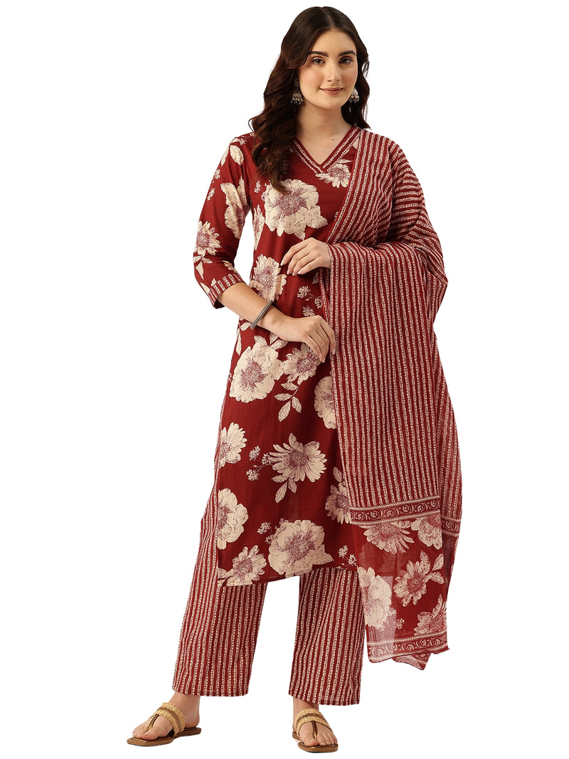 Bodered V-Neck 3-Piece Kurta Set with Ankle-Length Pants & Full-Length Dupatta (Size S-XXL).