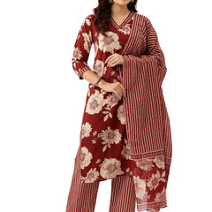 Bodered V-Neck 3-Piece Kurta Set with Ankle-Length Pants & Full-Length Dupatta (Size S-XXL).